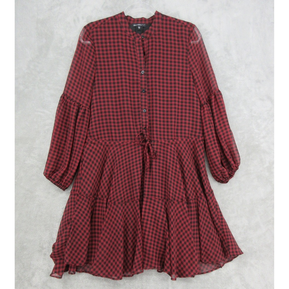 Ever After Dress Womens Size M Red Gingham Plaid Balloon Sleeve Tiered Chiffon